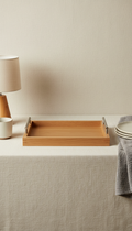 Honey oak serving tray with brushed steel handles