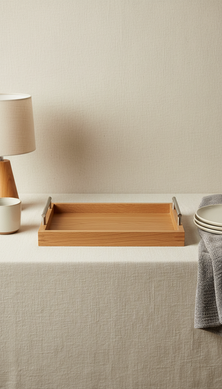 Honey oak serving tray with brushed steel handles